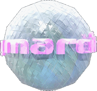 A spinning many-faceted ball with 'marciland.neocities.org' attached to it in semitransparent pink lettering